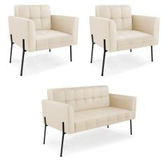 Imagem de Sofá Namoradeira E 2 Poltronas Pé De Ferro Preto Elisa Corino Bege D03 - D`rossi