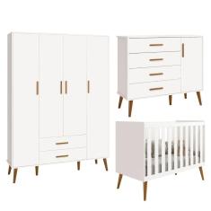 Imagem de Quarto Isis Berço Americano 2 em 1 + Comoda Sapateira + Guarda Roupa Isis Retrô 4 Portas 2 Gavetas Branco Fosco - Reller