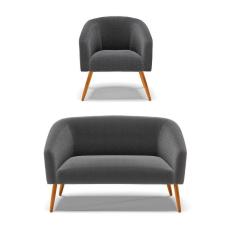 Imagem de Kit 1 Sofá Namoradeira e 1 Poltrona Stella Bouclê Grafite Pés Palito Castanho - D`Rossi