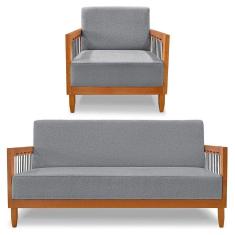 Imagem de Kit Poltrona E Sofá Living 2 Lugares Marilia 1,60m Linho Base Em Madeira Castanho - Pallazio Cor Grafite