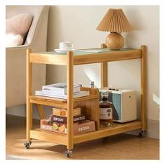 Imagem de Mesa lateral estreita, mesa de cabeceira móvel com prateleira e rodas, mesa lateral moderna, mesa de armazenamento para escritório em casa, fácil montagem, com mesa de vidro temperado e moldura de bambu Nan C