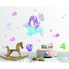 Imagem de Adesivo De Parede Sereia e Golfinho Frutos do mar Peixes