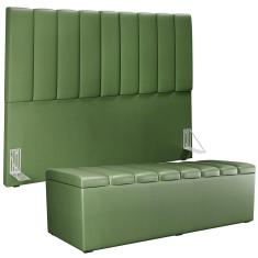 Imagem de Kit Cabeceira Cama Box Casal King 195cm com Calçadeira Baú Dália W01 Couríssimo Verde Musgo - Lyam