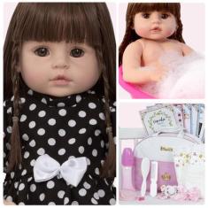 Imagem de Boneca Reborn Realista Julia Cabelo Castanho Bolsa Kit Itens - Cegonha