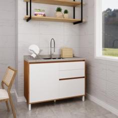 Imagem de Balcão 120cm 1 Porta 2 Gavetas 1 Porta Temperos Cozinha Milão Branco Ártico/Freijó Rocks