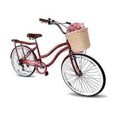 Imagem de Bicicleta aro 26 feminina retrô com cesta tipo vime 6marchas