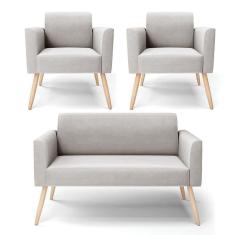 Imagem de Sofá Namoradeira Com 2 Poltronas Pés Palito Natural Marisa Veludo D03 - D\`rossi Cor Cinza