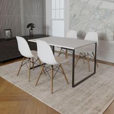 Imagem de Mesa Industrial Base de Ferro Preto 137x90 Tampo Branco 4 Cadeiras Eiffel Madeira Assento Branco