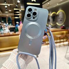 Imagem de Capa magnética de cordão com alça crossbody, capa traseira macia de silicone para iphone 15 14 13 11 12 pro max plus xs x xr, azul serra, para iphone 15