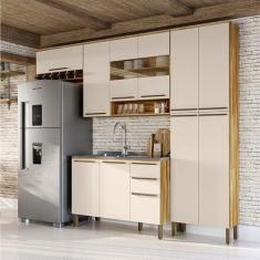 Imagem de Cozinha Compacta Modulada 4 Peças 11 Portas e 2 Gavetas com Vidro sem Tampo Itália Espresso Móveis Amêndoa/Off White