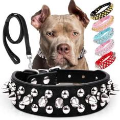 Imagem de Coleira de couro cravejada com guia, coleiras para cães de couro de poliuretano para Pit Bull, coleira de gato de couro durável com cravejado para raças pequenas, médias e grandes, melhor presente para coleira de rebite para animais de estimação