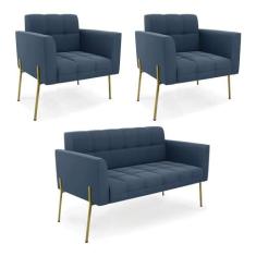 Imagem de Sofá Namoradeira e 2 Poltronas Pé de Ferro Dourado Elisa Suede Azul Marinho D03 - D'Rossi
