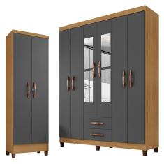 Imagem de Guarda Roupa Casal Modena com Espelho 6 Portas e Armário Multiuso Egito Carvalho Americano Grafite - Incorplac