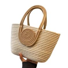 Imagem de Bolsa de tecido feminina vibrante de corda de algodão elegante bolsa grande para mulheres, bolsa de ombro elegante e bolsa de ombro, Cor creme com alça cáqui