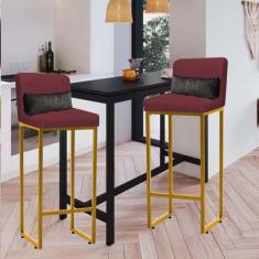 Imagem de Kit 02 Banqueta Alta com Encosto Lucca Industrial Cozinha Balcão Ferro Dourado Suede Bordô e Almofada Cinza - Ahazzo Móveis