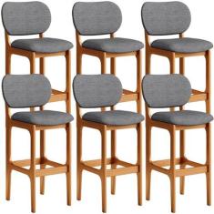 Imagem de Kit 6 Banquetas Alta Bar Cozinha Sala Jantar Fixa Betta L02 Imbuia Linho Cinza Escuro - Lyam Decor