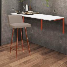 Imagem de Kit Mesa Suspensa de Parede Fixa MDF Branco + 1 Banqueta Lexi Ferro Bronze Sintético Bege - Ahazzo Móveis
