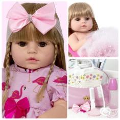 Imagem de Boneca Reborn Bebê Cabelo Loiro 100% Silicone Itens + Bolsa - Cegonha