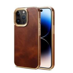 Imagem de Capa de telefone de couro com moldura revestida oleada para iPhone 12 13 14 15 Pro Max 15Plus Capa macia de proteção de lente galvanizada, marrom, para iPhone 12 ProMax