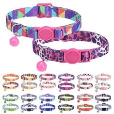 Imagem de DILLYBUD Coleiras de gato para meninas, meninos e gatos, coleira de gatinho personalizada com vários padrões, pacote com 2, fivelas e sinos de segurança clássicos, ajustável, estampado, de nylon colorido rosa