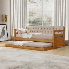 Imagem de Bicama Solteiro Verona Imbuia Estofado Capitonê Veludo Bege Com Cama Auxiliar