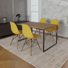 Imagem de Mesa Industrial Base De Ferro Preto Tampo 137X90 Amêndoa 4 Cadeiras Madeira Assento Amarelo Marrom