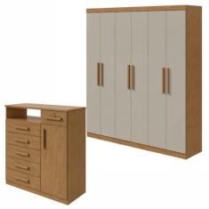 Imagem de Conjunto de Guarda-roupa 6 Portas Jazz e Cômoda Da Vinci Amêndoa Clean/off White