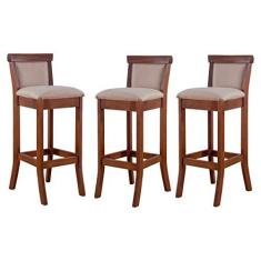 Imagem de Kit 3 Banquetas Estofadas Alta Com Encosto 36 x 100 Cm Mônaco Madeira Imbuia Linho Bege M58 - RMI