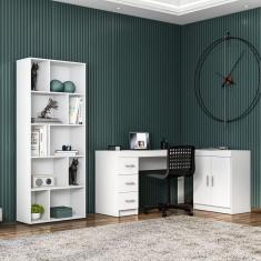 Imagem de Mesa para Escritório em L 2 Portas e 3 Gavetas com Estante Montessoriana com 10 Nichos Branco