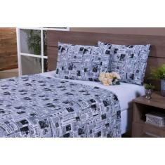 Imagem de Jogo Lençol 4 Peças Cama Viúva Percal 150 Fios Branco Estampa Jornal