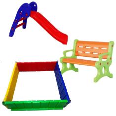 Imagem de Banco Pequeno 2 Lugares Decorativo-Banquinho Creche + Cercadinho Pequeno 1x1 Plástico Infantill + Escorrega Baby 2 Degraus