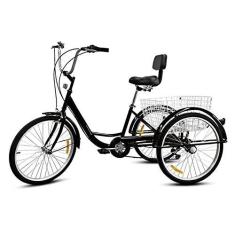 Imagem de Triciclo adulto de 61 cm para uso externo, 7 velocidades, armação de aço de alto carbono, bicicleta cruiser de 3 rodas com cesta grande e encosto de assento para recreação, pedalar, pedalar