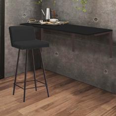 Imagem de Kit Mesa Suspensa de Parede Fixa MDF Preto + 1 Banqueta Lexi Ferro Marrom Corino Preto - Ahazzo Móveis