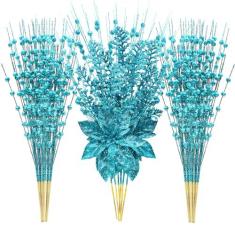 Imagem de Pacote com 24 enfeites artificiais de caule de frutas silvestres de 43 cm, decorações de palitos de Natal falsos com flores de poinsétia, palitos de contas para decoração de vaso pequeno de casamento