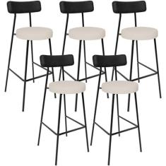 Imagem de Kit 05 Banquetas Alta Cozinha Bar Sala De Jantar Milão L02 Couríssimo Preto Linho Cru - Lyam Decor