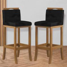 Imagem de Kit 2 Banquetas Média Encosto Estofado 38x92Cm Ilha Turim Madeira Maciça Amêndoa Suede Preto CCS