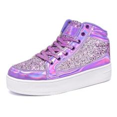 Imagem de IGxx Tênis feminino com glitter, preto, cano alto, brilhante, brilhante, elegante, lantejoulas, metálicos, discoteca, festa, casamento, fantasia, Roxa, 37