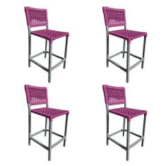 Imagem de Kit 4 Banquetas França Em Corda Náutica E Base Em Alumínio Cinza Para área Gourmet Rosa - Cor: Rosa
