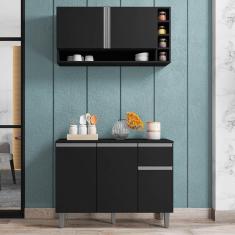 Imagem de Balcão Gabinete De Cozinha E Armário Aéreo Vanessa Preto Fosco - Desk Design