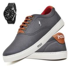 Imagem de Kit Tênis Casual Masculino Lona + Relógio Analógico - Polo Blu, 46, Ci