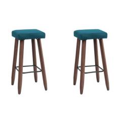 Imagem de Kit 2 Banquetas Altas Quadradas Pés Madeira Modelo Paris - JOTABE, azu