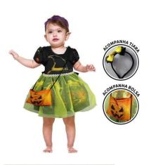 Imagem de Roupa Halloween Bebe Menina Vestido Bruxa Com Bolsa e Tiara - Fantasia