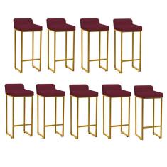 Imagem de Kit 09 Banqueta Alta Mia Com Encosto Cozinha Bistrô Bar Balcão Ferro Dourado Suede Bordô - Ahazzo Móveis
