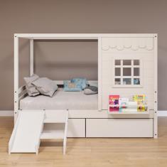 Imagem de Cama Casinha Reta com 02 Gavetas e Escorregador Madeira Maciça Branco Housin