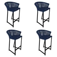 Imagem de Kit 4 Banquetas Reis Em Corda Náutica E Base Em Alumínio Preta Para área Gourmet Azul Marinho Azul