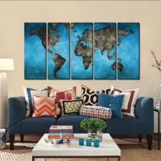 Imagem de Quadro Decorativo Mapa Mundi Blue 140x65 em tecido 5 peças