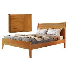 Imagem de Conjunto Quarto de Casal Cama Madeira Maciça Detalhe Rattan e Cômoda 5 Gavetas com Sapateira Unique Amêndoa Mel