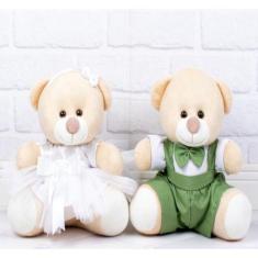 Imagem de KIT CASAL URSOS DE PELUCIA PAJEM VERDE, DAMINHA BRANCA PADRÃO 18cm - 2