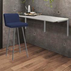 Imagem de Kit Mesa Suspensa de Parede Fixa MDF Marmorizado + 1 Banqueta Lexi Ferro Cinza Corino Azul Marinho - Ahazzo Móveis