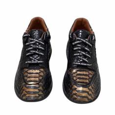 Imagem de Tênis masculino autêntico de couro real casual preto dourado cor serpentina couro exótico genuíno sapato sem cadarço, Preto, dourado, 41
